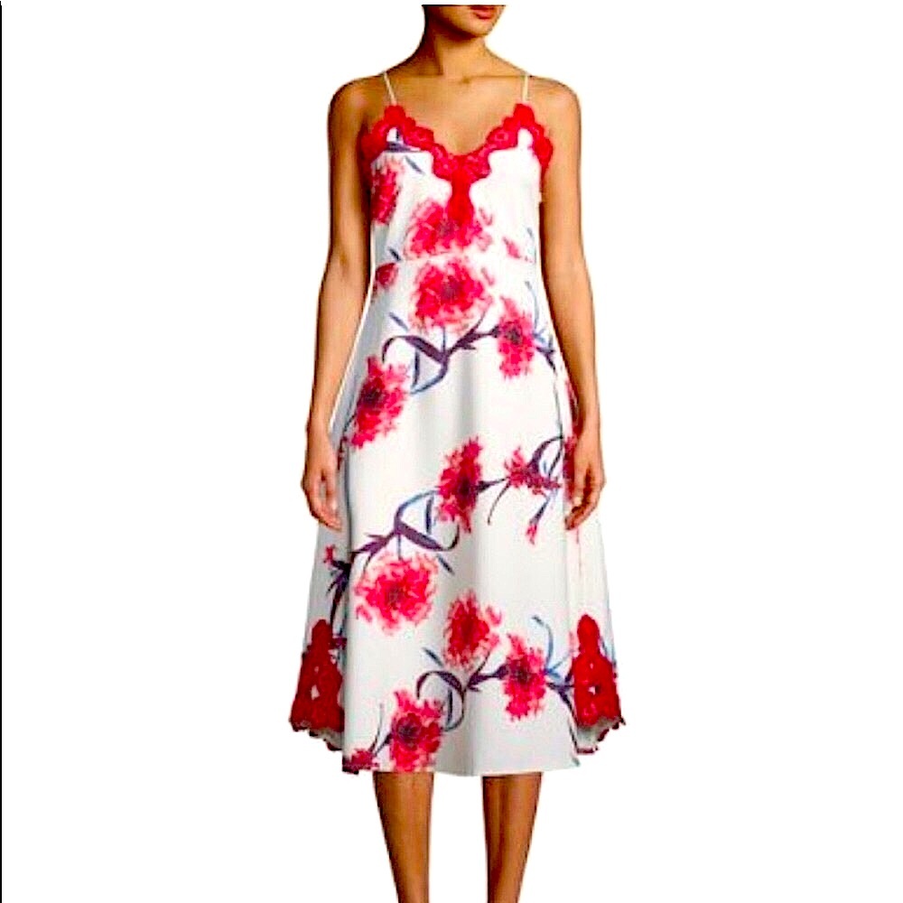 Anthropologie White Red Lace Floral Midi Dress Valentine Day Romantic Date Night - Picture 1 of 6